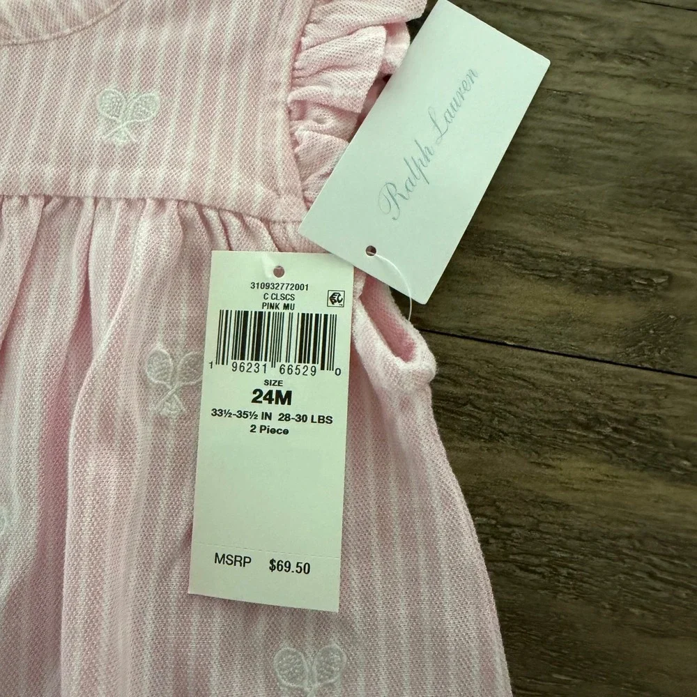 Ralph Lauren Baby Girls Pink White Stripe Tennis‎ Bow Dress Bloomers Set 24M NWT